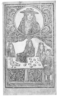 Frontispiece from Richard Neve’s work on magic, showing him performing the egg and bag trick about 1715. Photographed from the original in the British Museum by the author.