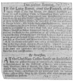 Clipping from the London Post, February 7th, 1724, in which Fawkes announces his retirement and offers to teach his tricks to all comers. Below this announcement is the advertisement of Clench, famous as an imitator and an instrumentalist.