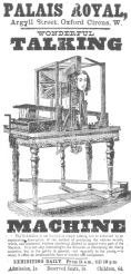 Hanger advertising the Professor Faber talking machine, exhibited by P. T. Barnum during 1873 in his museum department. This automaton was the first talking figure. From the Harry Houdini Collection.