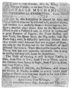 Clipping from the London Post, 1776, advertising the writing and drawing figures, exhibited by their inventor, Mr. Jacquet-Droz. From the Harry Houdini Collection.