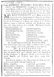 Newspaper clipping of 1782, showing that Katterfelto used the cabalistic clock. From the Harry Houdini Collection.