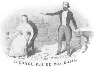 Second sight as offered by M. and Mme. Robin, in which Robin employed the bell and the goblet. From the latter she sipped liquor, claiming it tasted like the wine secretly named by a spectator. Robin’s stage was equipped with electrical appliances. From the Harry Houdini Collection.