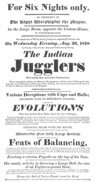 Handbill used by the original Indian jugglers in England during 1818, in which the sword-swallowing trick is featured. From the Harry Houdini Collection.