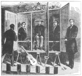 The cabinet trick offered by the Davenport Brothers. From an old print in the Harry Houdini Collection.