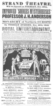 Anderson’s opening programme at the Strand Theatre, Christmas week, 1848, showing that he duplicated the tricks offered by Robert-Houdin, who, in his “Memoirs,” claims that Anderson’s programme was stale and uninteresting by comparison with his own.