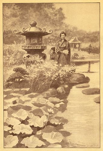 pond with lilies and pagoda