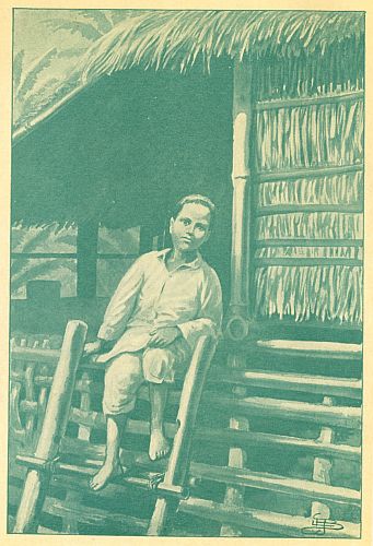 Boy sitting on ladder steps of grass hut