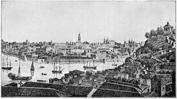 VIEW OF OPORTO AND VILLA NOVA FROM THE SERRA CONVENT.  (After a print by Godhino.)