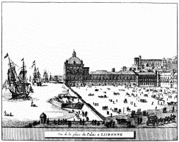 VIEW OF THE PALACE AT LISBON.  (From “Les Royaumes d’Espagne et Portugal.” La Haye, 1720.)