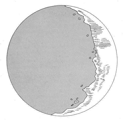 the indentation of the terminator and illuminated summits of mountains in the dark part of the moon