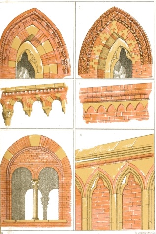 18. ITALIAN BRICKWORK: 1. 2. Windows at Verona. 3. Cornice S. Ambrogio, Milan. 4. Cornice Broletto Brescia. 5. Windows in Broletto, Monza. 6. Wall Arcade S. Fermo Maggiore.