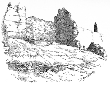 The Valley of the Lycus, showing where the last Emperor fell.  One more look upon the ruined curtain through which the built-up arch gave ingress to retreating Greeks and Ottoman assailants on that 29th of May, there in the angle caused by the wall and its southern flanking tower you may faintly see the remains of a postern-gate. There fell Constantine, the last of the Emperors of the East.