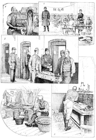 CONVICTS AT WORK.  1. Mat-making. 2. Boot-making. 3. Serving Dinner. 4. Basket-weaving. 5. Carpentry in Cell.  Photos: W. H. Grove, Brompton Road, S.W.