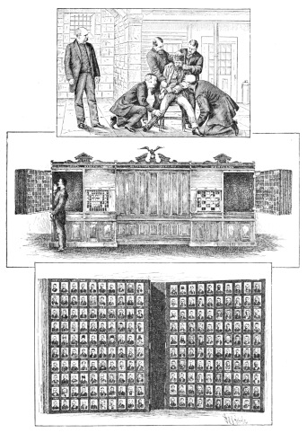 1. PHOTOGRAPHING A CRIMINAL FOR THE “ROGUES’ GALLERY” (NEW YORK). 2. CABINET IN WHICH AMERICAN CRIMINALS ARE REGISTERED. 3. TWO LEAVES OF THE “ROGUES’ GALLERY.”