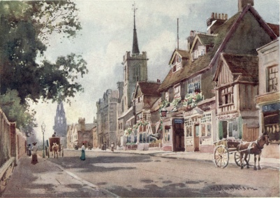 THE OLD CASTLE INN  Now styled “Ye Olde Castel Hotel.” The Baptist Church and the Police Courts are seen just beyond, and the Roman Catholic Church in the distance. The near trees are in the grounds of Emmanuel College.