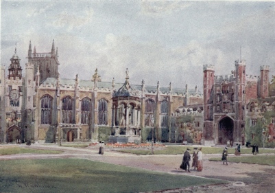 THE GREAT COURT, TRINITY COLLEGE  The largest at either University or in Europe. We see the Great Gate in the picture on the right, facing us—the Chapel. To the left of the Chapel is seen King Edward’s Gate, fourteenth century. The beautiful Fountain in the middle of the picture is in the Renaissance style, and was built by Nevile in 1602, and rebuilt in 1716.