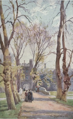 TRINITY COLLEGE BRIDGE AND AVENUE, WITH GATE LEADING INTO THE NEW COURT  The Bridge was built in 1763 by Wilkins. The trees in the Avenue in foreground were planted in 1671-72.