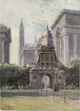 THE GATE OF HONOUR, CAIUS COLLEGE  In the background on the right appear the buildings of the University Library, one of the Turrets of King’s Chapel in the distance, and the Senate House is seen on the left.