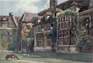 THE OLD COURT IN EMMANUEL COLLEGE  The large stained-glass window of the Hall is seen on the right, and beyond that the window of the Combination Room. The Dormer window of Harvard’s room is seen on the extreme left.