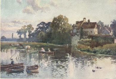 THE GRANARY ON THE CAM  Coe Fen is on the left, and Prof. George Darwin’s House on the right of the Granary. This view is taken close to Queens’ College.