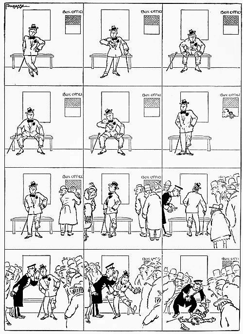 man sits on bench and accidentally pulls up one trouser leg without noticing. He stands and it's still scrunched up. One by one people stop and stare and he pretends not to notice. A porter finally whispers in his hear and the man faints.