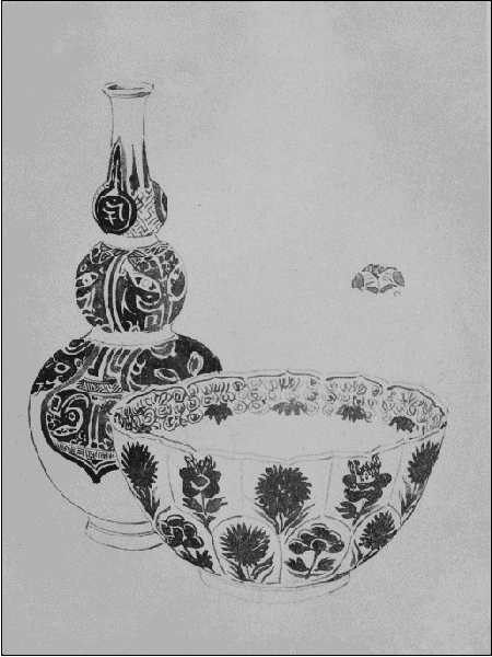 DRAWING IN WASH FOR A CATALOGUE OF BLUE AND WHITE NANKIN PORCELAIN