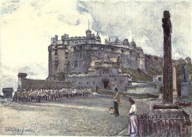 EDINBURGH CASTLE FROM THE ESPLANADE  Immediately beneath the Half-Moon Battery is the entrance to the Castle. To the extreme right of the picture on the north side of the Esplanade shows a bronze statue of the Duke of York, whilst the Celtic cross in its foreground was erected to the memory of the 78th Highlanders, behind which is the Forewall Battery. Men of the Black Watch in khaki occupy the south side of the Esplanade, with a drummer in the foreground.