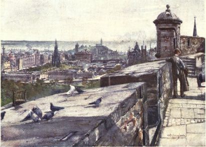 EDINBURGH FROM THE CASTLE  In the foreground of the picture are the embrasured battlements of the Argyle Battery, at the end of which, over the steps, rises the spire of Tolbooth Church. On a lower level of the Castle, to the spectator’s left, is an iron cage used for beacons. Above this cage and facing the Mound are the Royal Institution and National Gallery, and immediately above the latter is the Scott Monument. The row of trees fronting the tall buildings denote the position of Princes Street running east towards Calton Hill, which appears crowned by the Nelson Monument and backed by the Firth of Forth exactly in the centre of the picture. To the right of Calton Hill on the distant horizon appears the Bass Rock, to the left the coast of Fife with a portion of the island of Inchkeith.