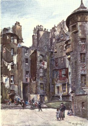 LADY STAIR’S CLOSE  On the extreme right, in the foreground of the picture, is the house of Eleanor, Dowager Countess of Stair, recently almost rebuilt by Lord Rosebery. The large opening close to the circular building on the left leads into the Lawnmarket, and in this building, which stands in Baxter’s Close, Robert Burns once lodged.