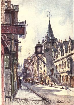 THE CANONGATE TOLBOOTH, LOOKING WEST  On the right of the picture rises the Canongate Tolbooth with its conical roof and projecting clock, reminding one strongly of French architecture. The spire showing in the distance belongs to the Tolbooth Church, at the top of Lawnmarket.