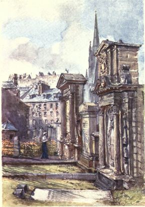 THE MARTYRS’ MONUMENT IN THE GRAVEYARD OF GREYFRIARS’  To the left of the spire of the Tolbooth Church, in the centre of the picture, and next the city wall, stands the Martyrs’ Monument, in front of which is the figure of a girl; above the figure appear some houses in Candlemaker Row. The low building on the extreme left of the picture is the old guardhouse. The duty of the guard was to prevent the stealing of bodies from the graveyard. The elaborate monument on the right of the picture is one of many erected in this graveyard during the early part of the eighteenth century.