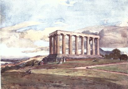 THE NATIONAL MONUMENT ON CALTON HILL  This noble monument represents a partial reproduction of the Parthenon on the Acropolis at Athens. In the picture the spectator is supposed to be looking at the north-west angle of the Temple, showing the eight columns of the west front and two on the north side. On the left of the picture is a glimpse of the Firth of Forth, while to the right, behind the columns, rises Arthur’s Seat.