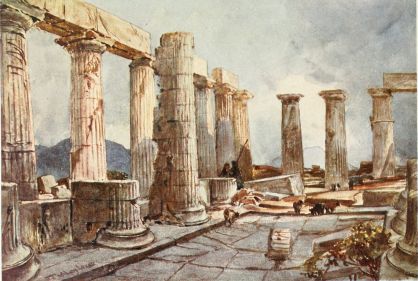 INTERIOR OF THE TEMPLE OF APOLLO AT BASSÆ IN ARCADIA  On the left of the picture are shown some of the columns of the eastern side of the Temple, together with the attached columns of the cella, a peculiar architectural feature of this Temple. The front (north) part of the cella was hypæthral, so the floor below the opening in the roof was slightly hollowed out—as shown in the drawing—to collect the rain-water. Mount Ithome appears between the columns of the southern end of the Temple.