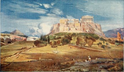 THE WESTERN END OF THE ACROPOLIS SEEN FROM BELOW THE PNYX  The position of the Propylæa, the magnificent gatehouse of Pentelic marble designed by the architect Mnesicles, is admirably shown in this drawing. All the five doorways, which were closed by doors of bronze, are seen against the sky. Immediately to the left is the north wing (the Pinacotheca); to the right the bastion surmounted by the little Niké Temple. High above all rises the Parthenon. Coming down to the foreground, we may note, on the right, the great supporting wall of the Theatre of Herodes Atticus with the blue Hymettos behind it; and, to the left, the pinkish coloured rock of the Areopagus, with Lycabettos above.