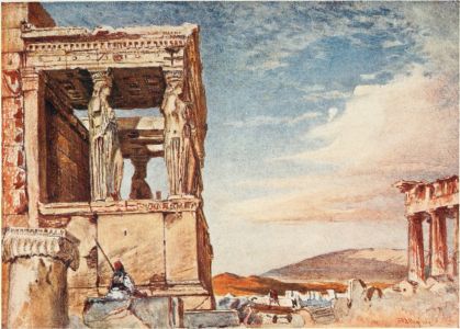 THE CARYATID PORTICO OF THE ERECHTHEUM FROM THE WEST  On the extreme right show two columns of the north-east angle of the Parthenon; in the distance is Mount Hymettos.