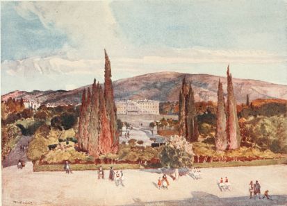 THE SQUARE IN FRONT OF THE KING’S PALACE AT ATHENS  Mount Hymettos behind and the dust-laden cypress trees in front of the Palace, ruddy in the last rays of a June sunset.