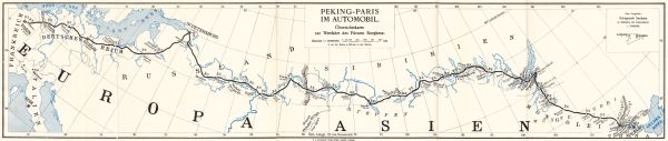 PEKING-PARIS IM AUTOMOBIL. Übersichtskarte zur Wettfahrt des Fürsten Borghese.