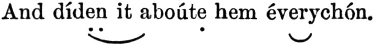 'And dídẹn it aboútẹ hem éverychón.' with scansion markup