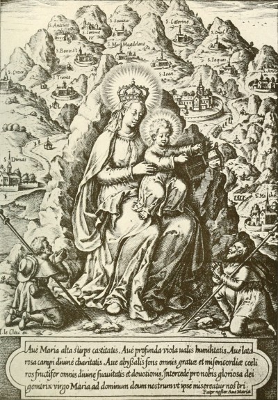 AT MONTSERRAT: Ave Maria stirps castitatis. Ave profunda viola valis humilitatis. Ave lata rosa campi divine charitatis. Ave abyßalis omnis gratiæ et misericordiæ coeli ros fructifer omnis divine suavitatis er devotionis. Intercede pro nobis gloriosa dei genitrix virgo Maria ad dominum deum nostrumvt ipse misereatur nostri. Pater noster Ave Maria