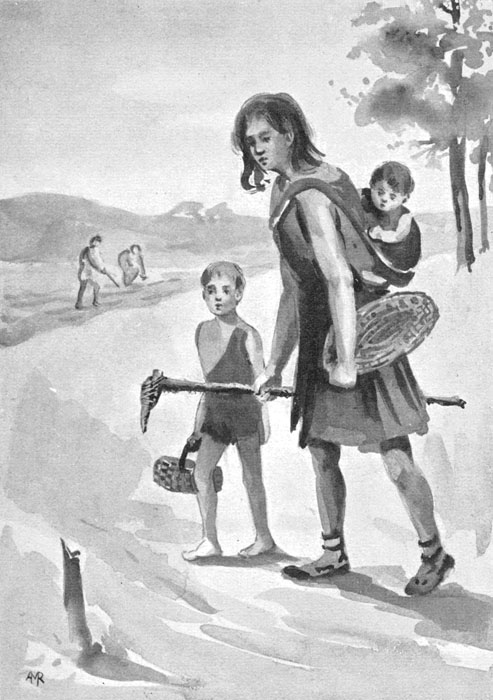 woman holding a hoe with a baby tied to her back and a child walking toward fields