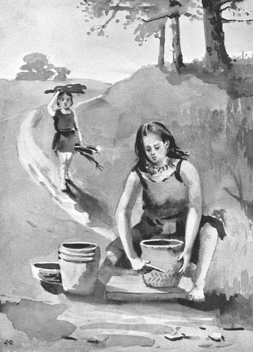 woman making pottery while a child approaches from behind
