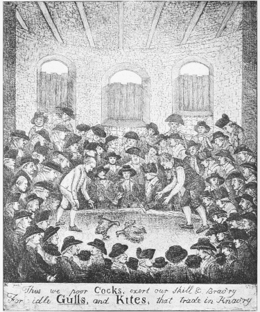 Cock-fighting Match between the Counties of Lanark and Haddington in 1785, at which Deacon Brodie was present.  (After Kay.)