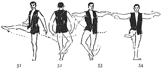 Image not available: 51 52 53 54  “Fouetté Pirouette,” Continued.  Right leg sweeps “out” in horizontal plane (51) continuing as in 52, turning the body with its revolution. As the body completes the turn from 52 to 53, the right foot is brought to crossed position in front of the ankle. 