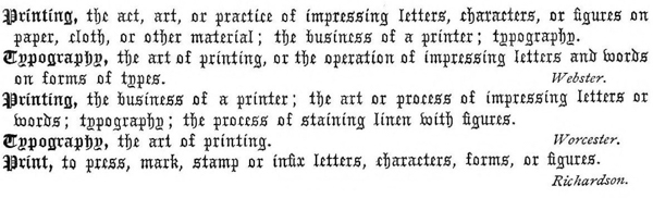 Printing, the act, art, or practice of impressing letters, characters, or figures on paper, cloth, or other material; the business of a printer; typography.  Typography, the art of printing, or the operation of impressing letters and words on forms of types. Webster.  Printing, the business of a printer; the art or process of impressing letters or words; typography; the process of staining linen with figures.  Typography, the art of printing. Worcester.  Print, to press, mark, stamp or infix letters, characters, forms, or figures. Richardson.