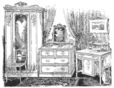 HEWETSONS’ ‘Princess May’ Bedroom Suite  Enamelled White Carton Pierre Mountings, Brass Handles, and comprising:—Wardrobe (Glass Door), Dressing Chest with Glass, Washstand (Marble Top, Tile Back, and Brass Towel Rail), and Two Cane-seated Chairs.  £7, 15s. 0d. THE SET