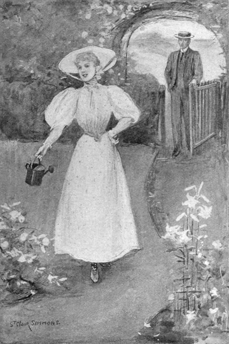 [Illustration: Dot, holding a small watering can, is in the foreground.  Larrie is in the background, coming through the garden gate.   Illustration is signed St Clair Simmons.]