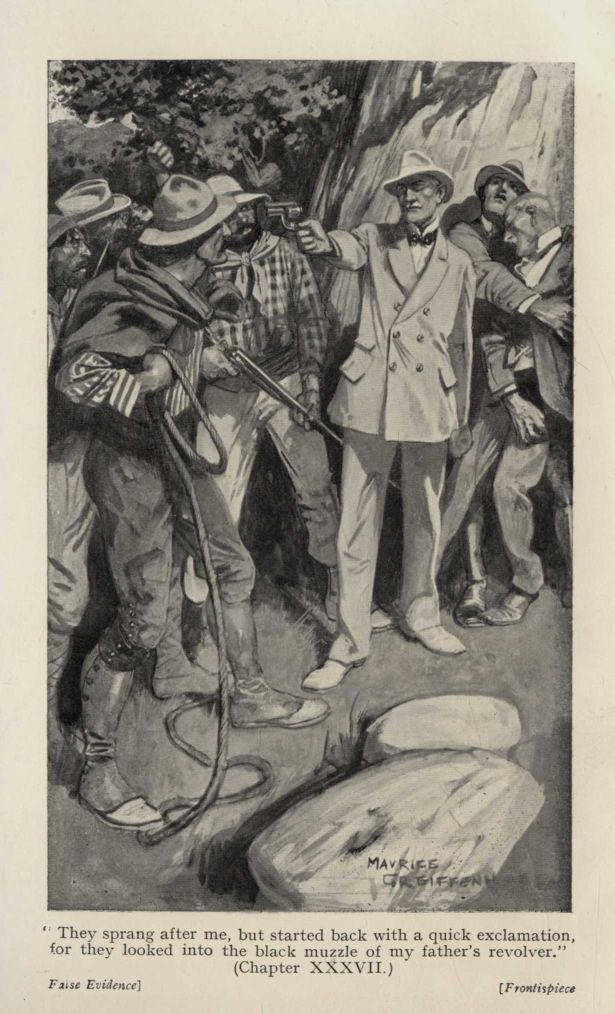 "They sprang after me, but started back with a quick exclamation, for they looked into the black muzzle of my father's revolver." (Chapter XXXVII.)