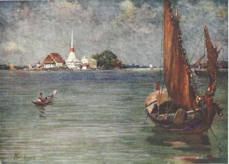 A FISHING BOAT OFF THE ISLAND PAGODA OF PAKNAM