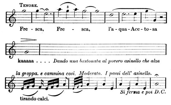 [Musical Notation: Fre-sca, Fre-sca, l’a-qua-Ace-to-sa kaaaaa.... Dando una bastonata al povera asinella che alza tirando calci.]