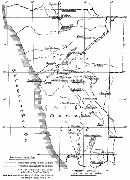 Hauptstationen der: Rheinischen (evangelischen) Mission. Finnischen (evangelischen) Mission. Katholischen Mission der Oblaten der unbefleckten Jungfrau Maria. Katholischen Mission der Oblaten des heiligen Franz von Sales.